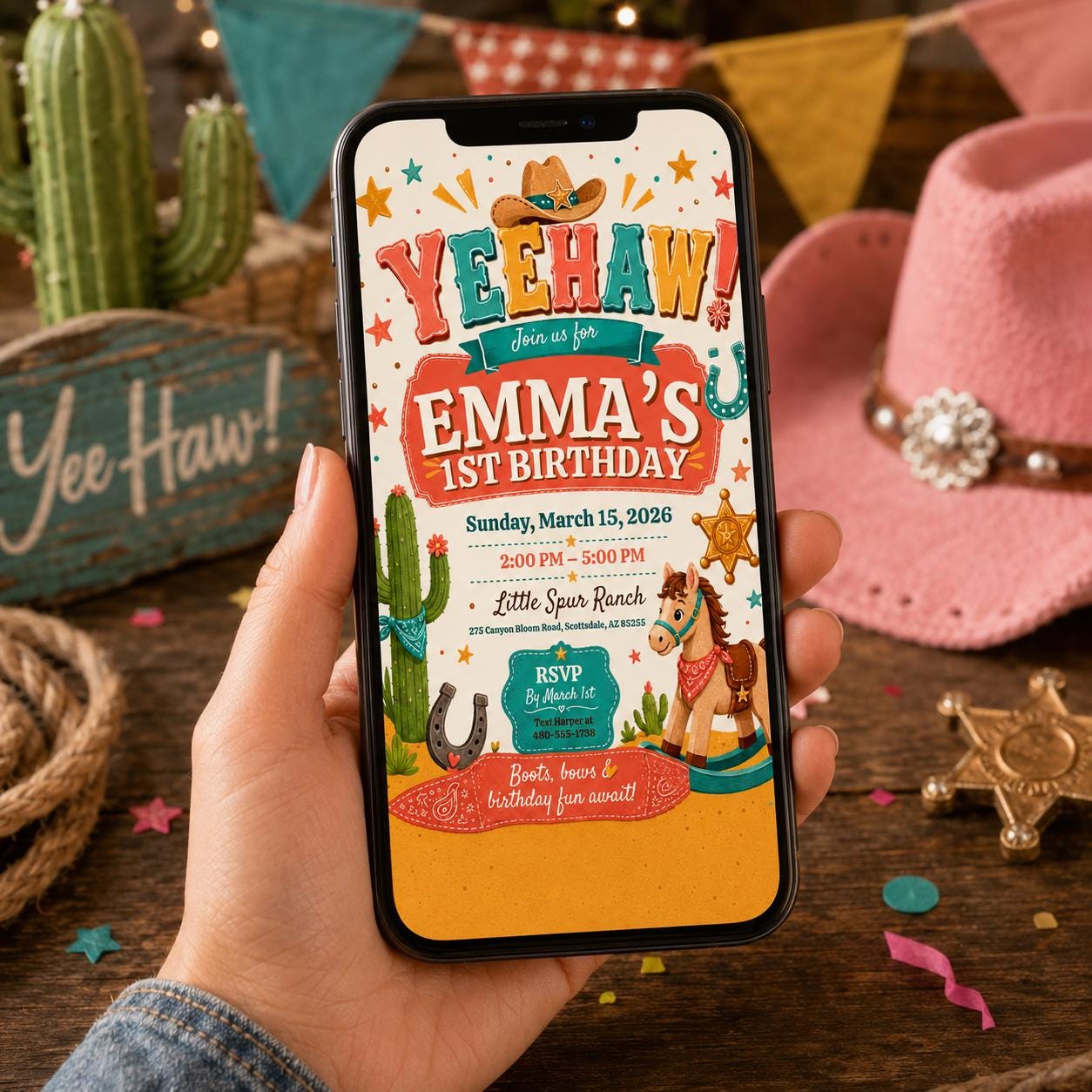 Editable Western Cowgirl Birthday Invitation Canva Template, Vintage Boys Kids Cute Modern Fun DIY Party Invite, Printable Digital Download.