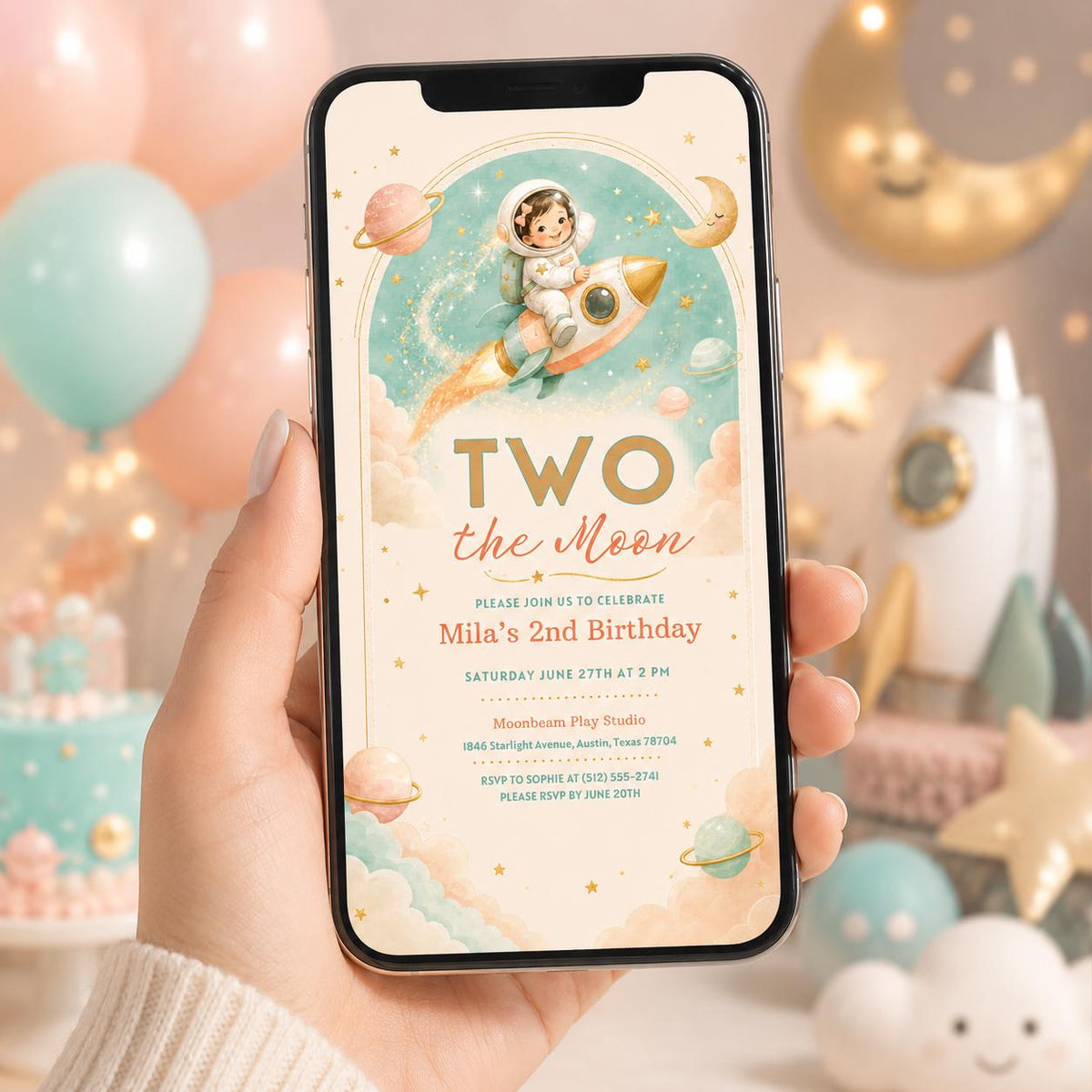 Editable Space Galaxy Birthday Invitation Canva Template, Pink Girls Kids Space Cute Fun DIY Sweet Party Invite, Printable Digital Download.