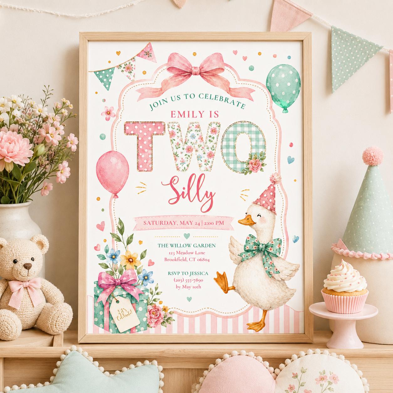 Editable Floral Birthday Invitation Canva Template, Pink Girls Kids Floral Cute Fun DIY Sweet Chic Party Invite, Printable Digital Download.