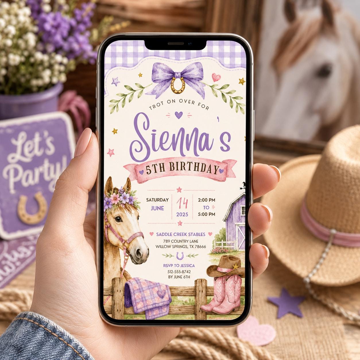 Editable Horse Riding Birthday Invitation Canva Template, Boho Floral Girls Kids Cute Fun DIY Chic Party Invite, Printable Digital Download.