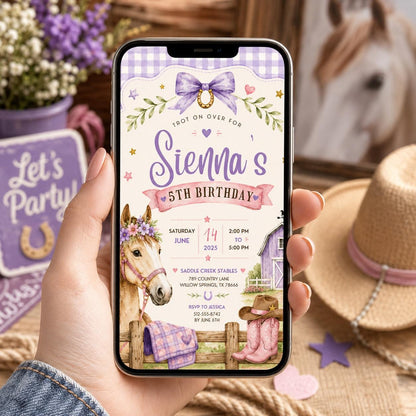 Editable Horse Riding Birthday Invitation Canva Template, Boho Floral Girls Kids Cute Fun DIY Chic Party Invite, Printable Digital Download.