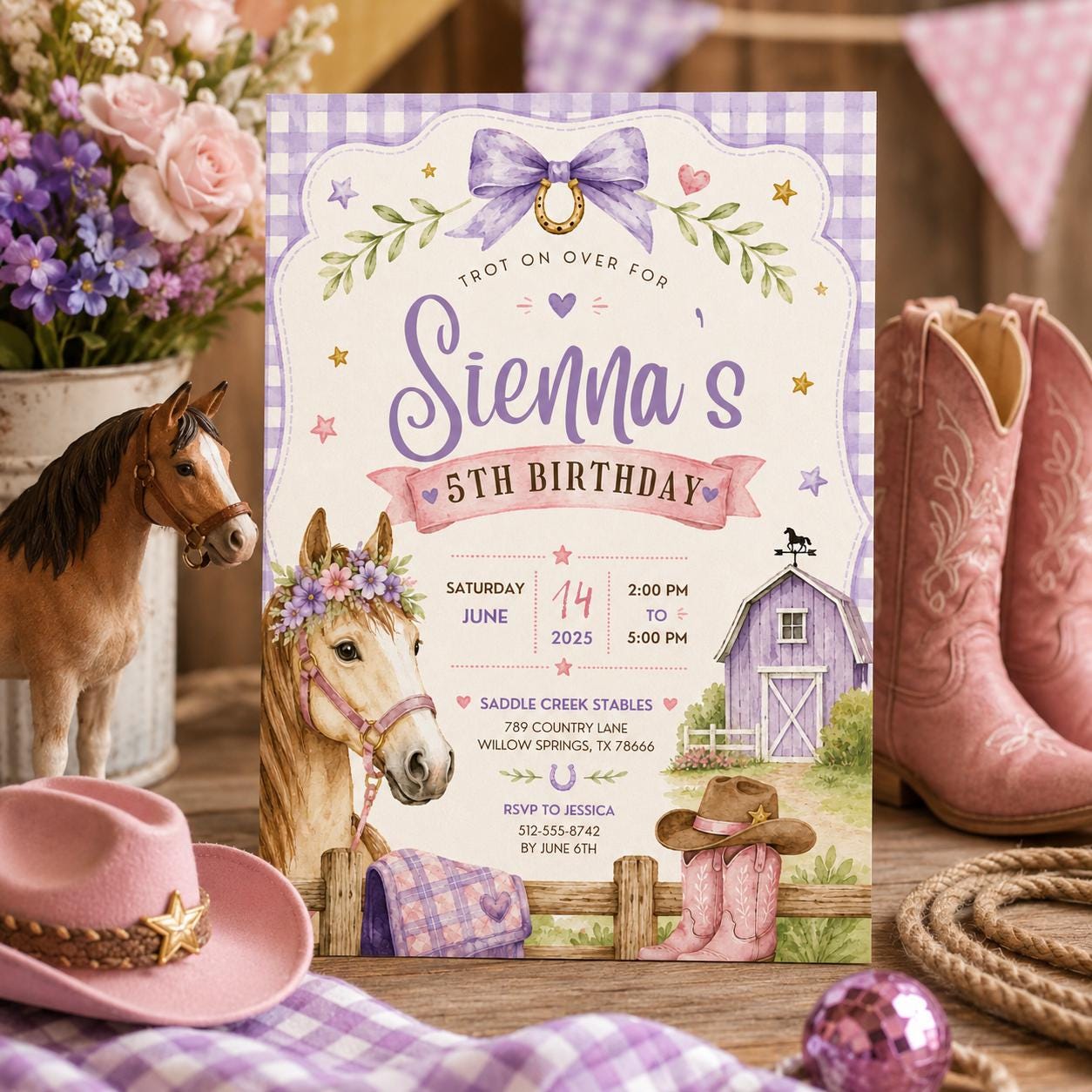 Editable Horse Riding Birthday Invitation Canva Template, Boho Floral Girls Kids Cute Fun DIY Chic Party Invite, Printable Digital Download.