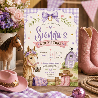 Editable Horse Riding Birthday Invitation Canva Template, Boho Floral Girls Kids Cute Fun DIY Chic Party Invite, Printable Digital Download.
