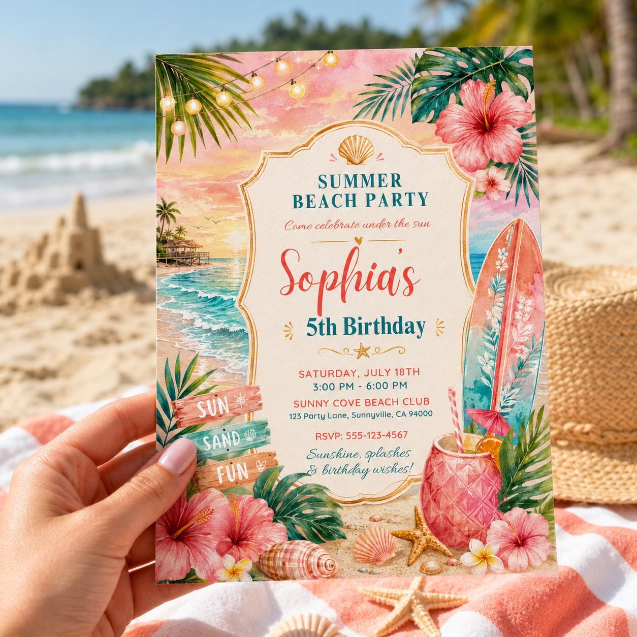 Editable Beach Birthday Invitation Canva Template, Pink Girls Beach Cute Modern Fun DIY Sweet Chic Party Invite, Printable Digital Download.
