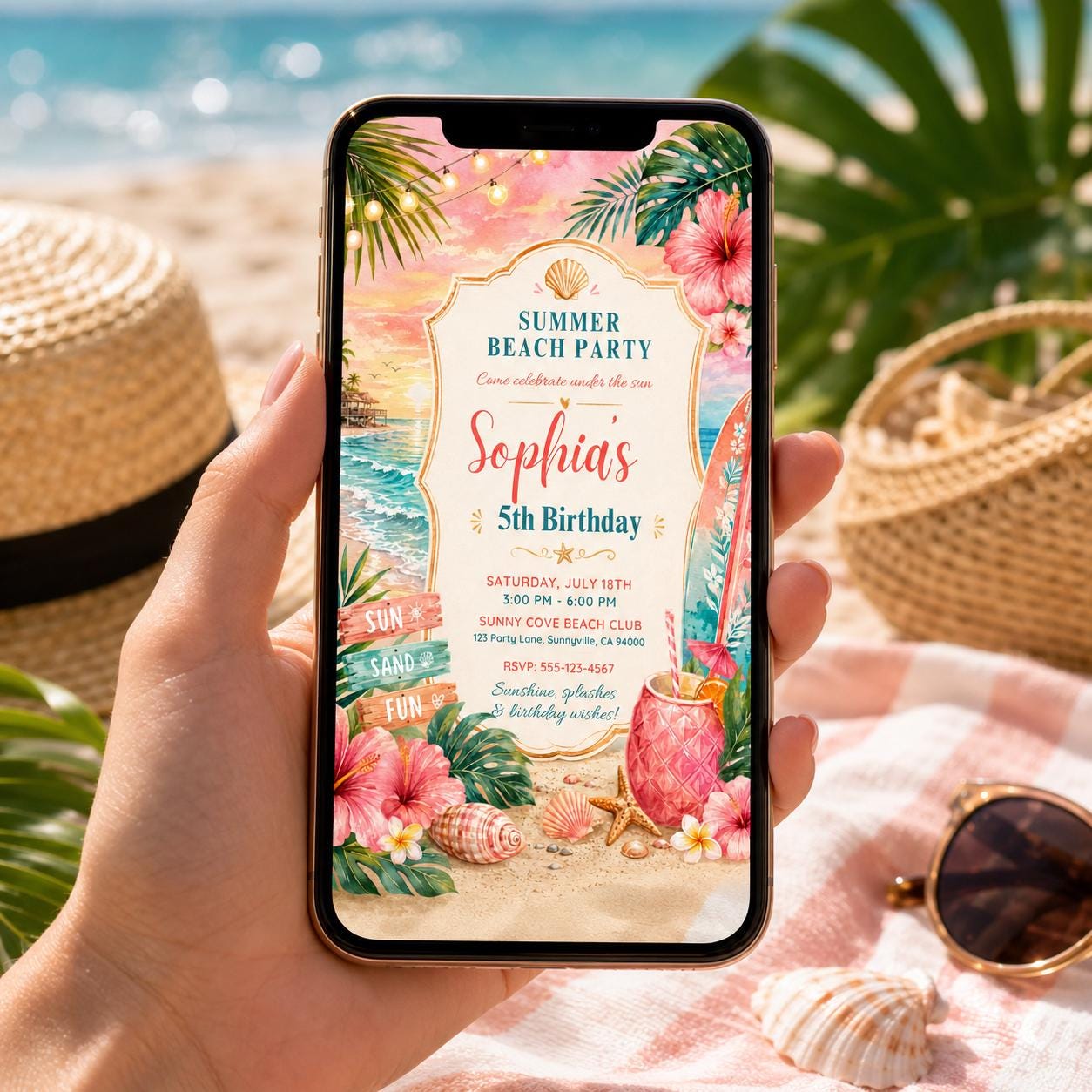 Editable Beach Birthday Invitation Canva Template, Pink Girls Beach Cute Modern Fun DIY Sweet Chic Party Invite, Printable Digital Download.