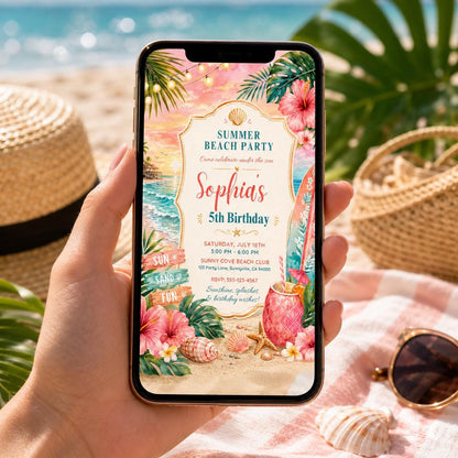 Editable Beach Birthday Invitation Canva Template, Pink Girls Beach Cute Modern Fun DIY Sweet Chic Party Invite, Printable Digital Download.