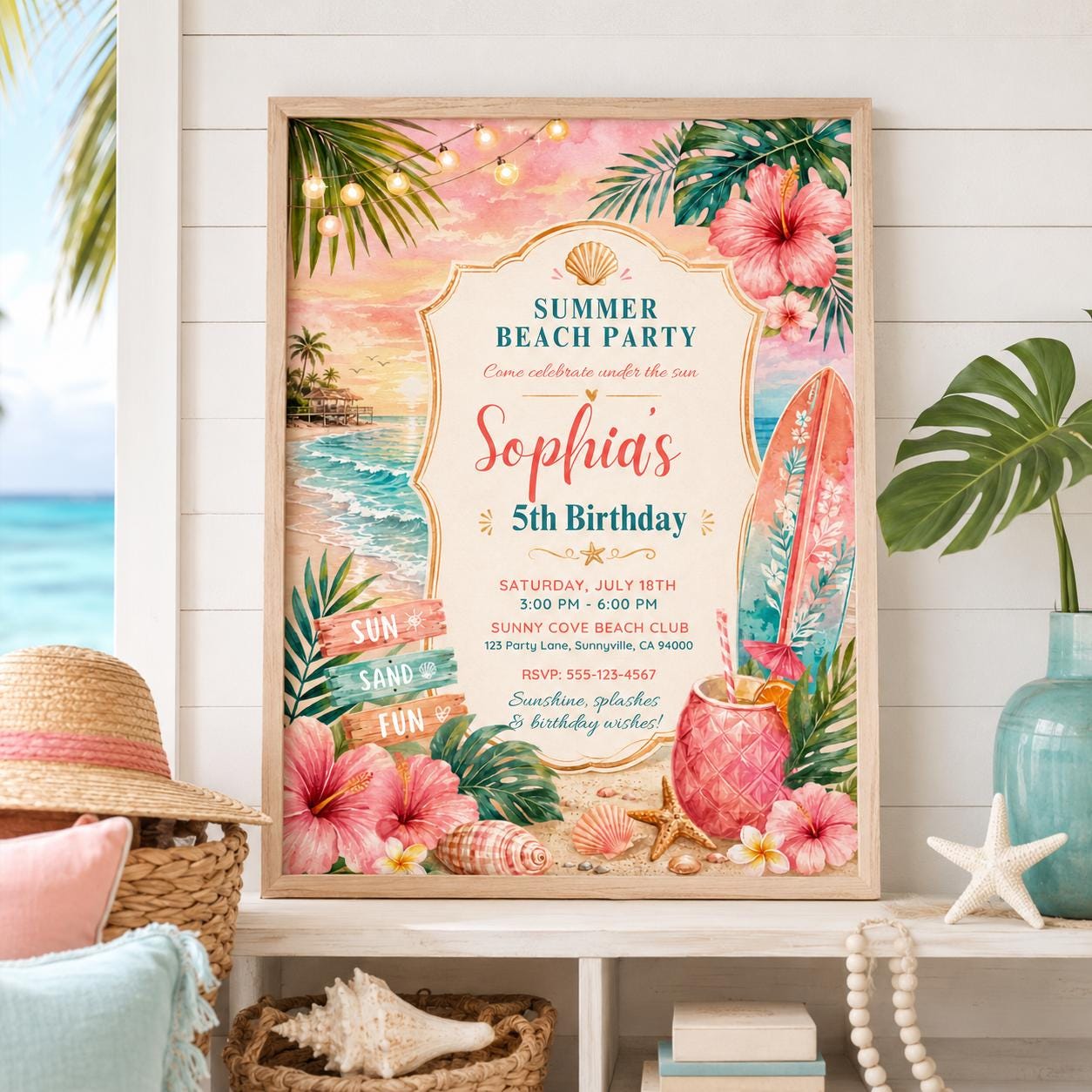 Editable Beach Birthday Invitation Canva Template, Pink Girls Beach Cute Modern Fun DIY Sweet Chic Party Invite, Printable Digital Download.