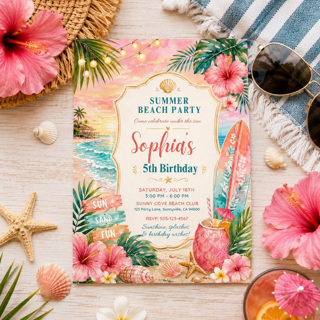 Editable Beach Birthday Invitation Canva Template, Pink Girls Beach Cute Modern Fun DIY Sweet Chic Party Invite, Printable Digital Download.