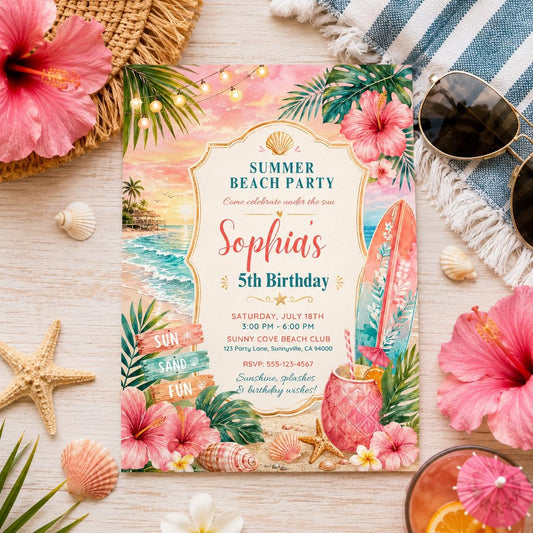 Editable Beach Birthday Invitation Canva Template, Pink Girls Beach Cute Modern Fun DIY Sweet Chic Party Invite, Printable Digital Download.
