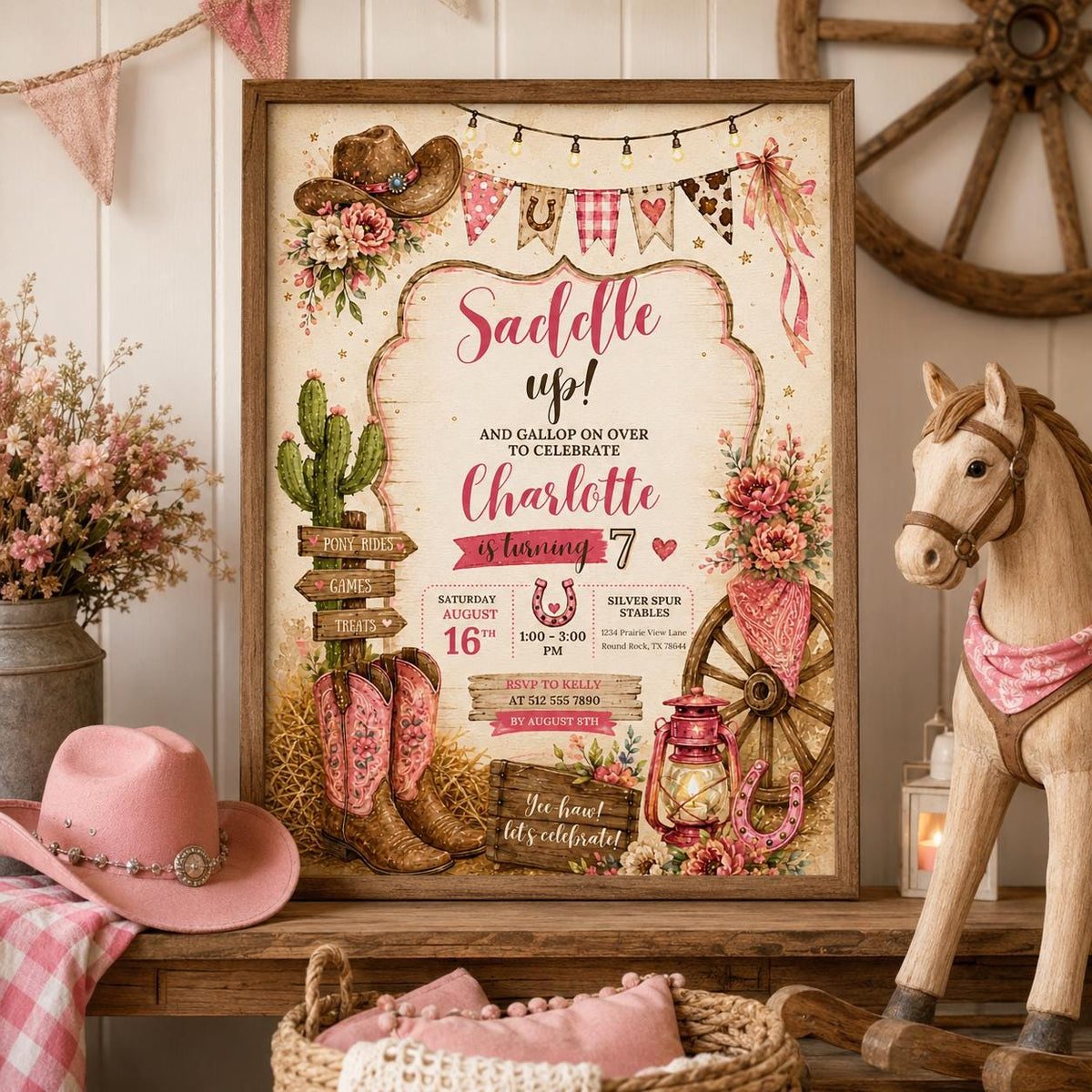 Editable Floral Birthday Invitation Canva Template, Pink Girls Floral Cute Fun DIY Sweet Chic Kids Party Invite, Printable Digital Download.