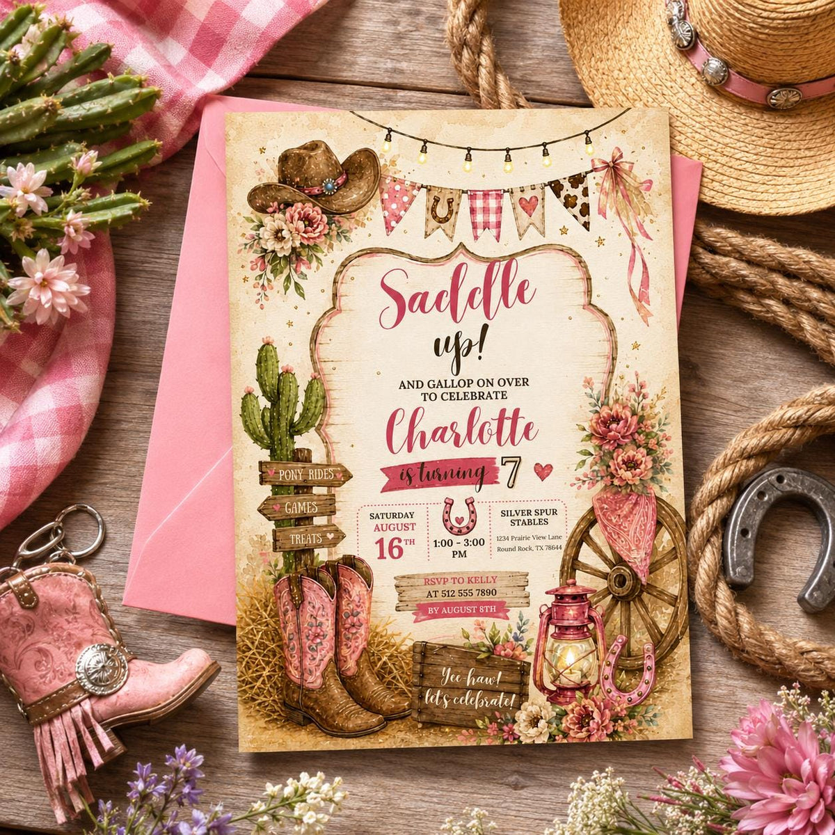 Editable Floral Birthday Invitation Canva Template, Pink Girls Floral Cute Fun DIY Sweet Chic Kids Party Invite, Printable Digital Download.