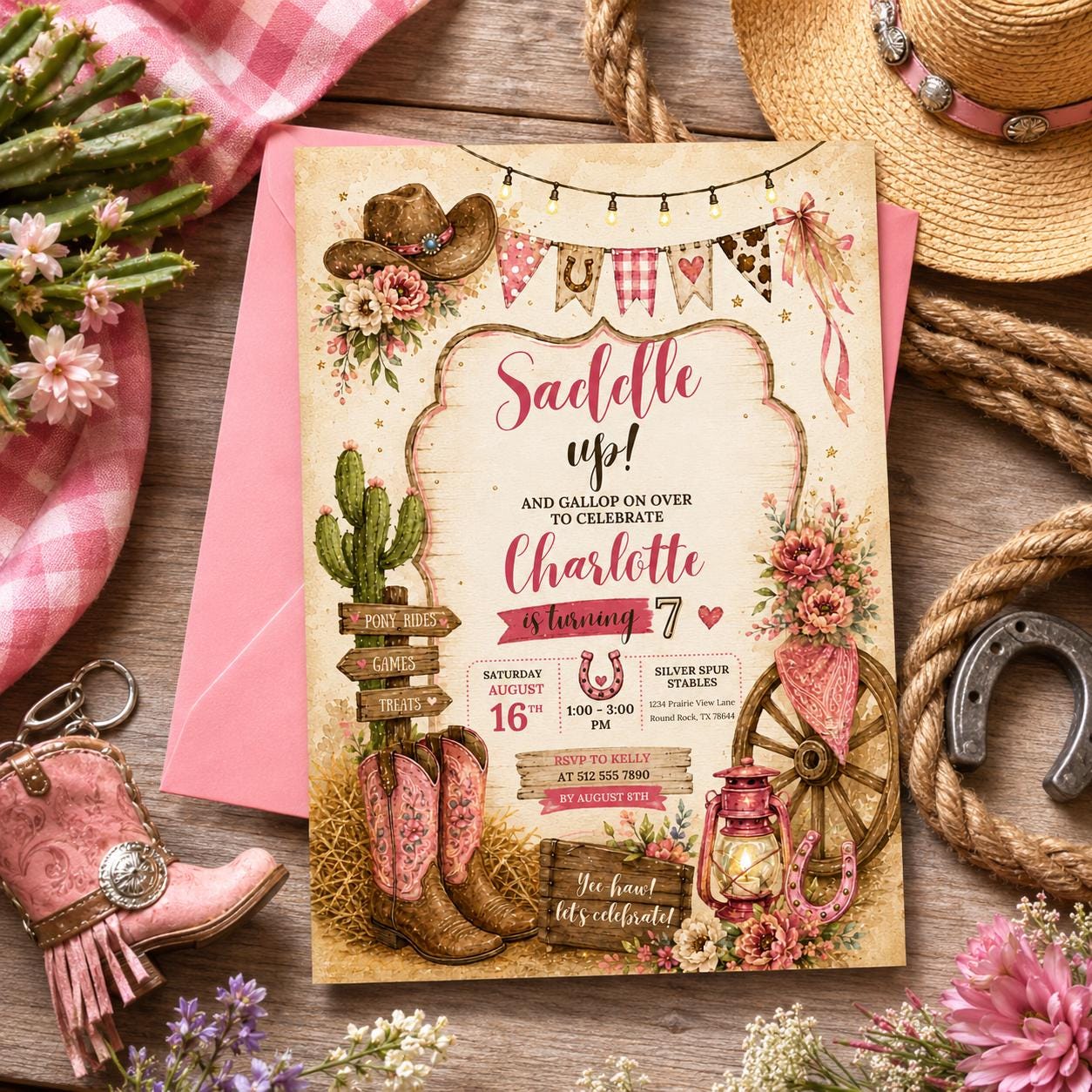 Editable Floral Birthday Invitation Canva Template, Pink Girls Floral Cute Fun DIY Sweet Chic Kids Party Invite, Printable Digital Download.