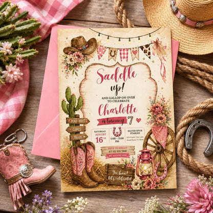 Editable Floral Birthday Invitation Canva Template, Pink Girls Floral Cute Fun DIY Sweet Chic Kids Party Invite, Printable Digital Download.