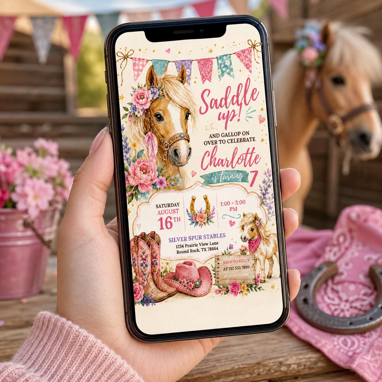 Editable Floral Birthday Invitation Canva Template, Pink Girls Floral Cute Fun DIY Sweet Chic Kids Party Invite, Printable Digital Download.