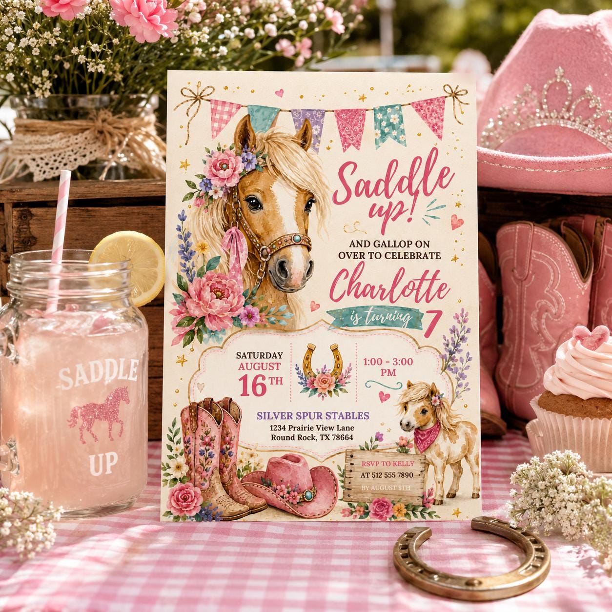 Editable Floral Birthday Invitation Canva Template, Pink Girls Floral Cute Fun DIY Sweet Chic Kids Party Invite, Printable Digital Download.