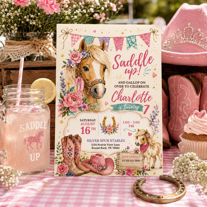 Editable Floral Birthday Invitation Canva Template, Pink Girls Floral Cute Fun DIY Sweet Chic Kids Party Invite, Printable Digital Download.