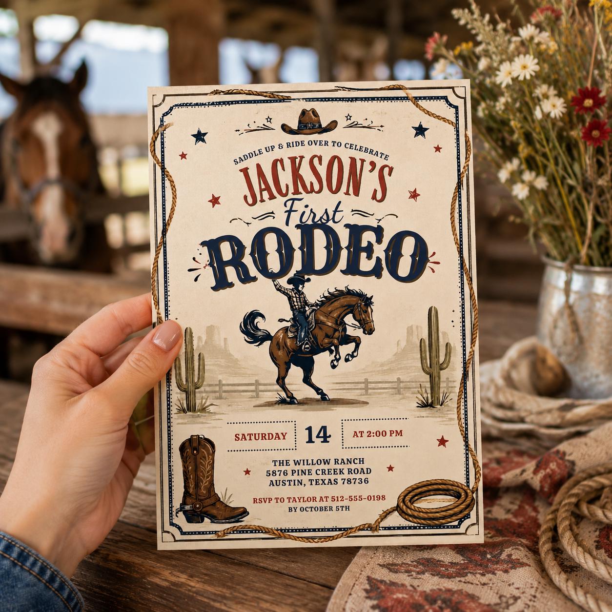 Editable Western Cowgirl Birthday Invitation Canva Template, Vintage Boys Kids Cute Modern Fun DIY Party Invite, Printable Digital Download.