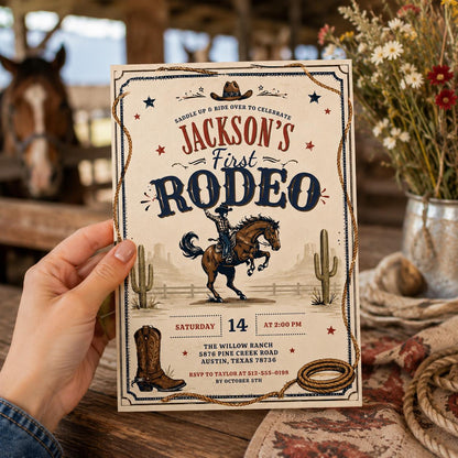 Editable Western Cowgirl Birthday Invitation Canva Template, Vintage Boys Kids Cute Modern Fun DIY Party Invite, Printable Digital Download.