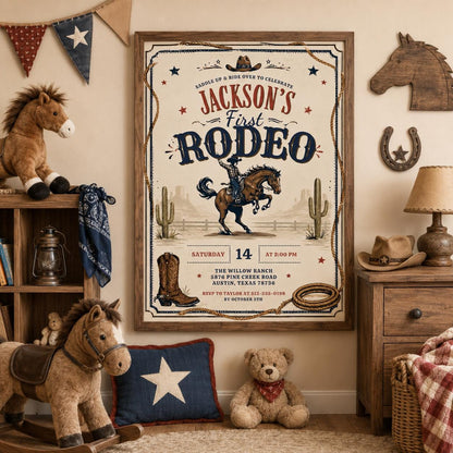 Editable Western Cowgirl Birthday Invitation Canva Template, Vintage Boys Kids Cute Modern Fun DIY Party Invite, Printable Digital Download.