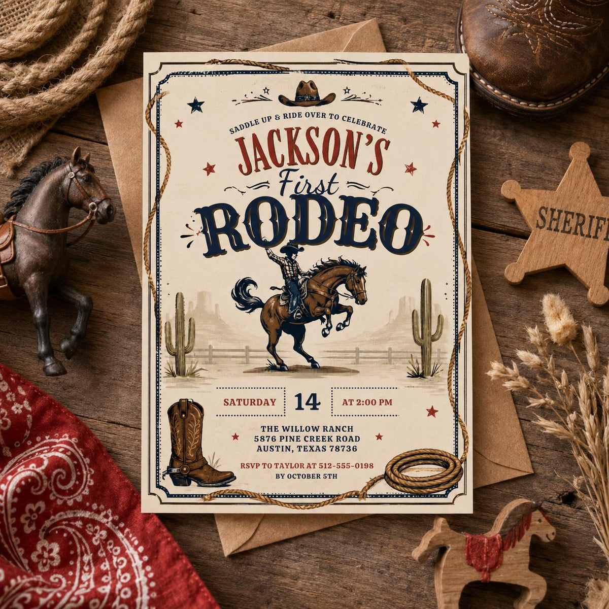 Editable Western Cowgirl Birthday Invitation Canva Template, Vintage Boys Kids Cute Modern Fun DIY Party Invite, Printable Digital Download.