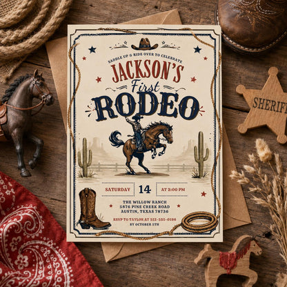 Editable Western Cowgirl Birthday Invitation Canva Template, Vintage Boys Kids Cute Modern Fun DIY Party Invite, Printable Digital Download.