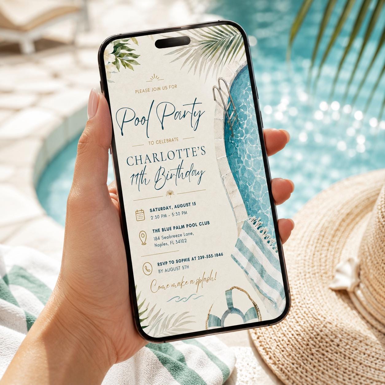 Editable Pool Birthday Invitation Canva Template, Kids Teens Pool Cute Modern Fun Themed DIY Sweet Party Invite, Printable Digital Download.