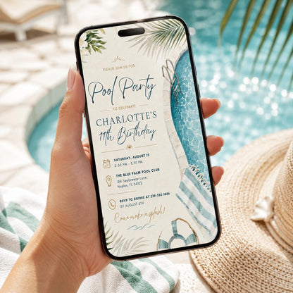 Editable Pool Birthday Invitation Canva Template, Kids Teens Pool Cute Modern Fun Themed DIY Sweet Party Invite, Printable Digital Download.