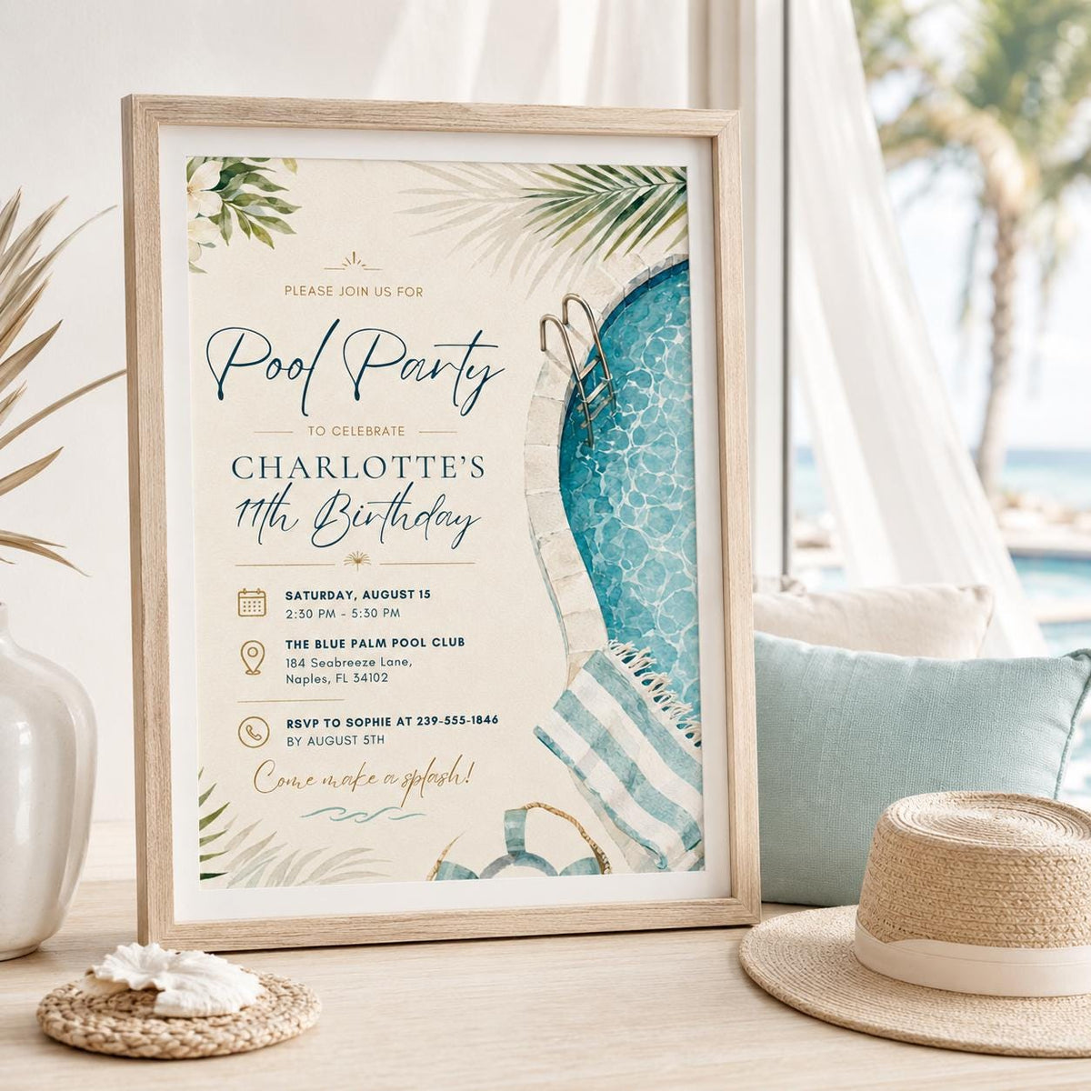 Editable Pool Birthday Invitation Canva Template, Kids Teens Pool Cute Modern Fun Themed DIY Sweet Party Invite, Printable Digital Download.