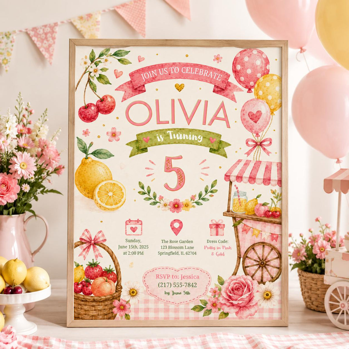 Editable Floral Birthday Invitation Canva Template, Pink Gold Luxury Girls Cute Fun DIY Sweet Chic Party Invite, Printable Digital Download.