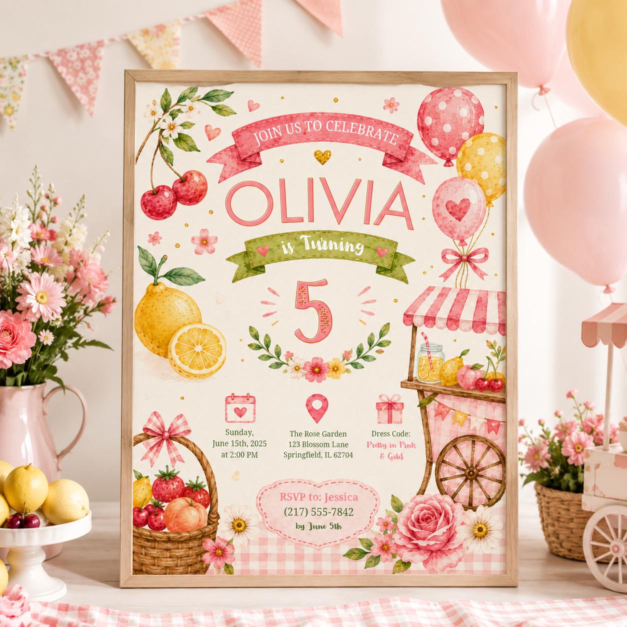 Editable Floral Birthday Invitation Canva Template, Pink Gold Luxury Girls Cute Fun DIY Sweet Chic Party Invite, Printable Digital Download.
