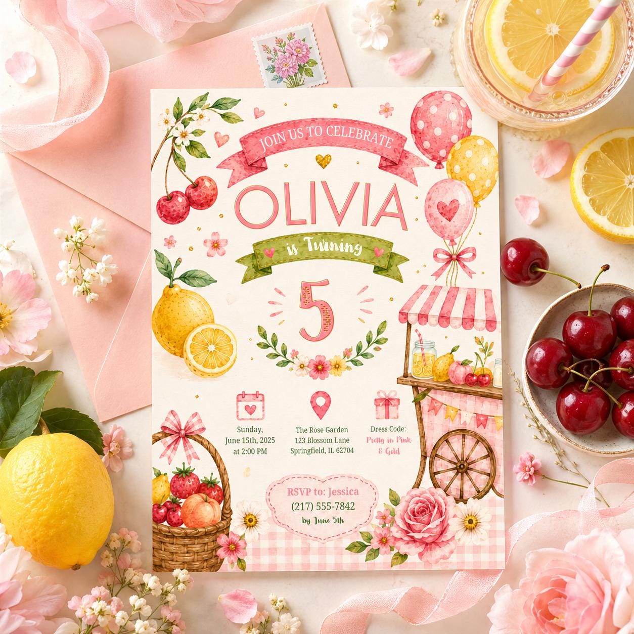 Editable Floral Birthday Invitation Canva Template, Pink Gold Luxury Girls Cute Fun DIY Sweet Chic Party Invite, Printable Digital Download.