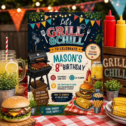 Editable Bbq Birthday Invitation Canva Template, Adult Cute Modern Fun Themed Custom DIY Chic Kids Party Invite, Printable Digital Download.