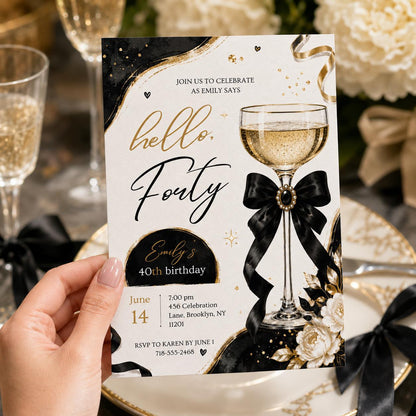 Editable Champagne Birthday Invitation Canva Template, Black Luxury Trendy Adult Cute Fun DIY Chic Party Invite, Printable Digital Download.