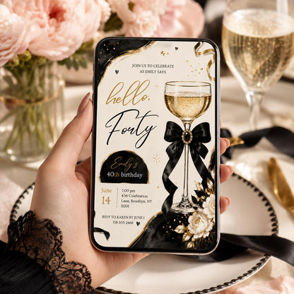 Editable Champagne Birthday Invitation Canva Template, Black Luxury Trendy Adult Cute Fun DIY Chic Party Invite, Printable Digital Download.