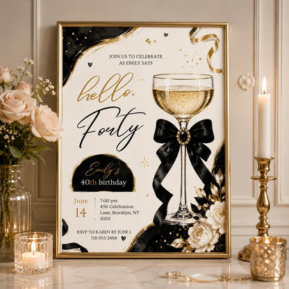 Editable Champagne Birthday Invitation Canva Template, Black Luxury Trendy Adult Cute Fun DIY Chic Party Invite, Printable Digital Download.