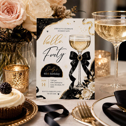 Editable Champagne Birthday Invitation Canva Template, Black Luxury Trendy Adult Cute Fun DIY Chic Party Invite, Printable Digital Download.