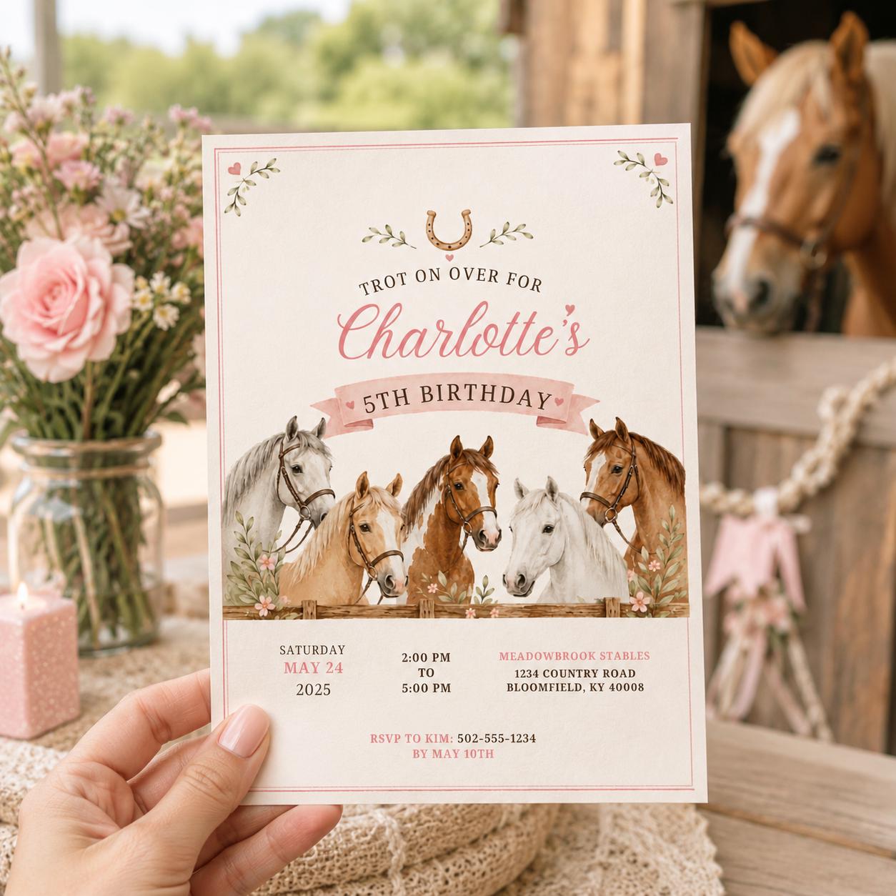 Editable Horse Riding Birthday Invitation Canva Template, Boho Floral Girls Kids Cute Fun DIY Chic Party Invite, Printable Digital Download.