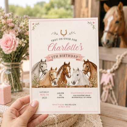 Editable Horse Riding Birthday Invitation Canva Template, Boho Floral Girls Kids Cute Fun DIY Chic Party Invite, Printable Digital Download.