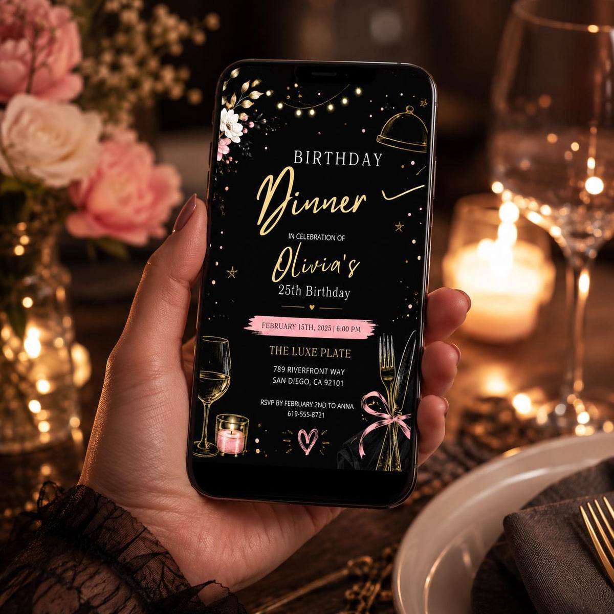 Editable Dinner Modern Minimal Black Birthday Invitation Canva Template, Boys Adult Modern Fun DIY Party Invite, Printable Digital Download.