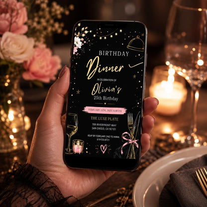 Editable Dinner Modern Minimal Black Birthday Invitation Canva Template, Boys Adult Modern Fun DIY Party Invite, Printable Digital Download.