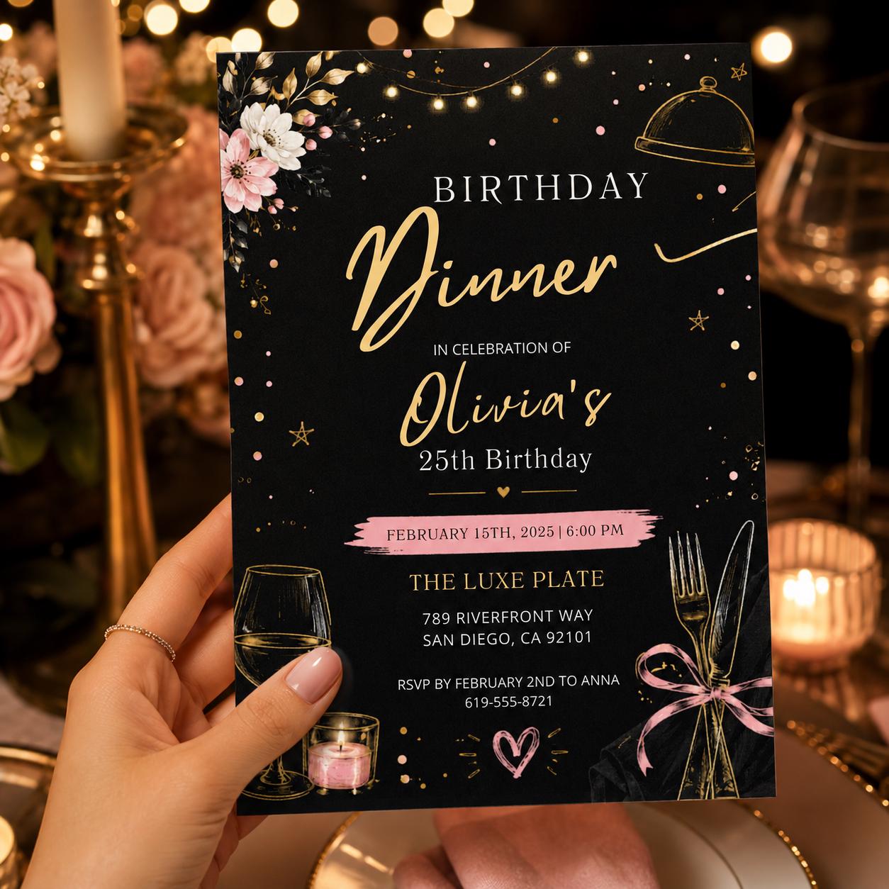 Editable Dinner Modern Minimal Black Birthday Invitation Canva Template, Boys Adult Modern Fun DIY Party Invite, Printable Digital Download.