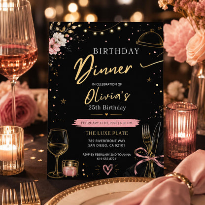 Editable Dinner Modern Minimal Black Birthday Invitation Canva Template, Boys Adult Modern Fun DIY Party Invite, Printable Digital Download.