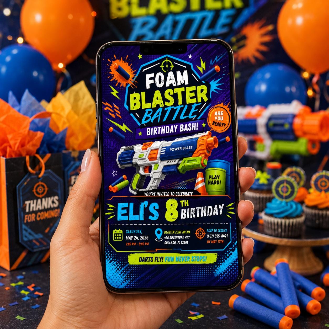 Editable Nerf Birthday Invitation Canva Template, Kids Cute Modern Fun Themed Custom DIY Chic Teen Party Invite, Printable Digital Download.