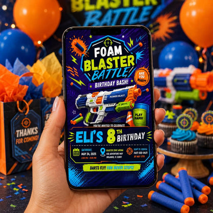 Editable Nerf Birthday Invitation Canva Template, Kids Cute Modern Fun Themed Custom DIY Chic Teen Party Invite, Printable Digital Download.