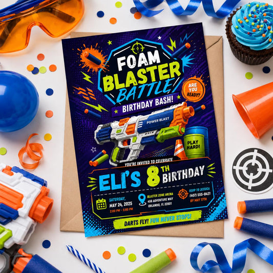 Editable Nerf Birthday Invitation Canva Template, Kids Cute Modern Fun Themed Custom DIY Chic Teen Party Invite, Printable Digital Download.