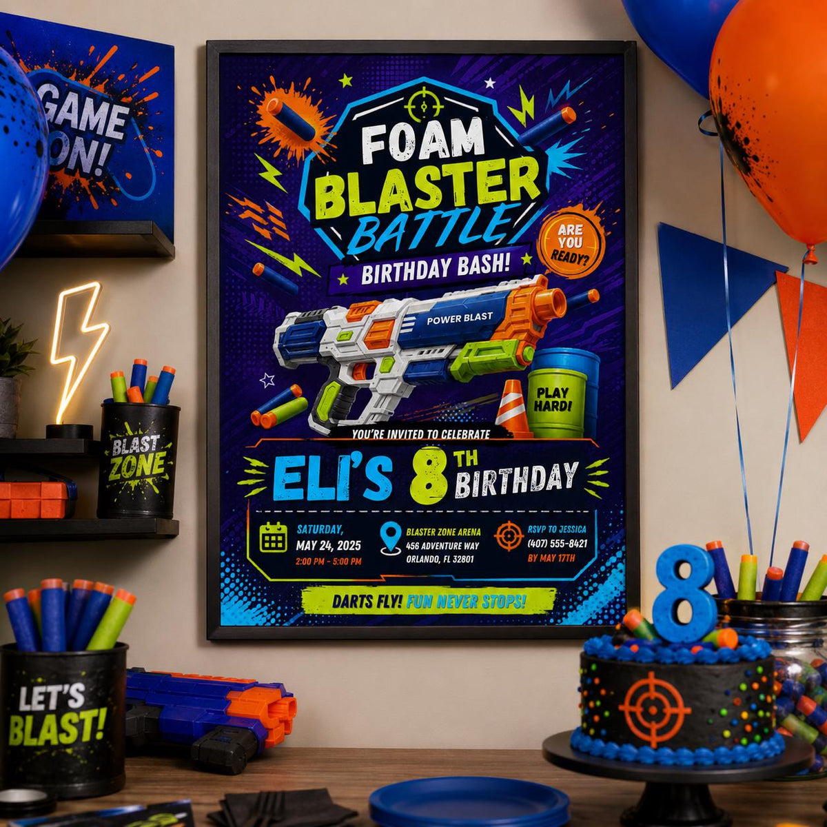 Editable Nerf Birthday Invitation Canva Template, Kids Cute Modern Fun Themed Custom DIY Chic Teen Party Invite, Printable Digital Download.