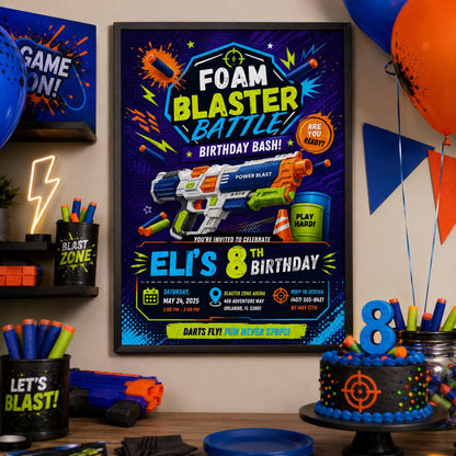 Editable Nerf Birthday Invitation Canva Template, Kids Cute Modern Fun Themed Custom DIY Chic Teen Party Invite, Printable Digital Download.