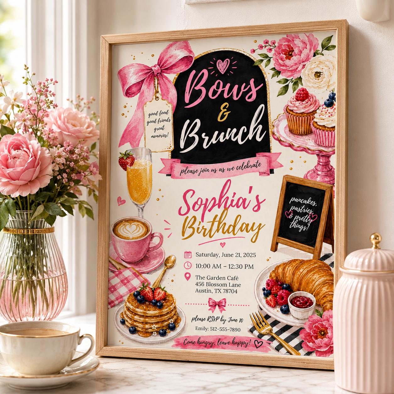 Editable Pink Bow Birthday Invitation Canva Template, Girls Adult Bow Cute Fun DIY Sweet Chic Kids Party Invite, Printable Digital Download.