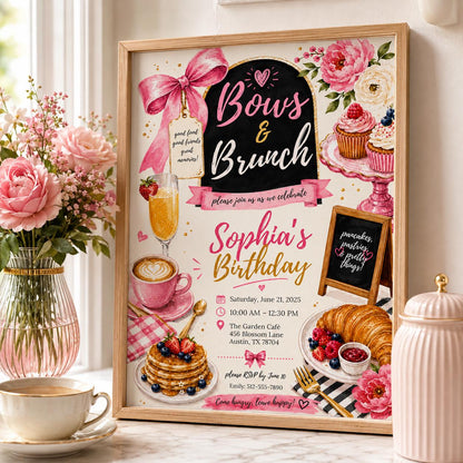 Editable Pink Bow Birthday Invitation Canva Template, Girls Adult Bow Cute Fun DIY Sweet Chic Kids Party Invite, Printable Digital Download.