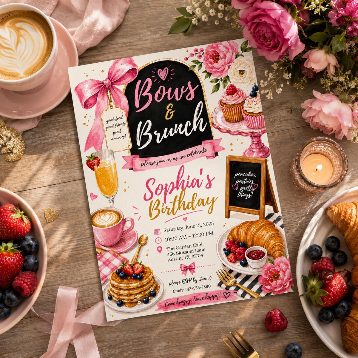 Editable Pink Bow Birthday Invitation Canva Template, Girls Adult Bow Cute Fun DIY Sweet Chic Kids Party Invite, Printable Digital Download.